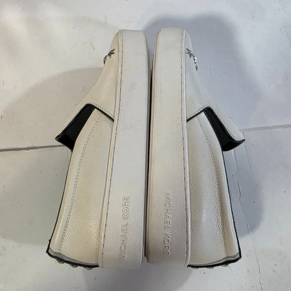 Michael Kors Keaton Star Studded Leather Slip On Platform Sneakers White 8M